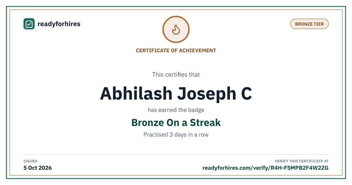 Bronze On a Streak certificate for Abhilash Joseph C